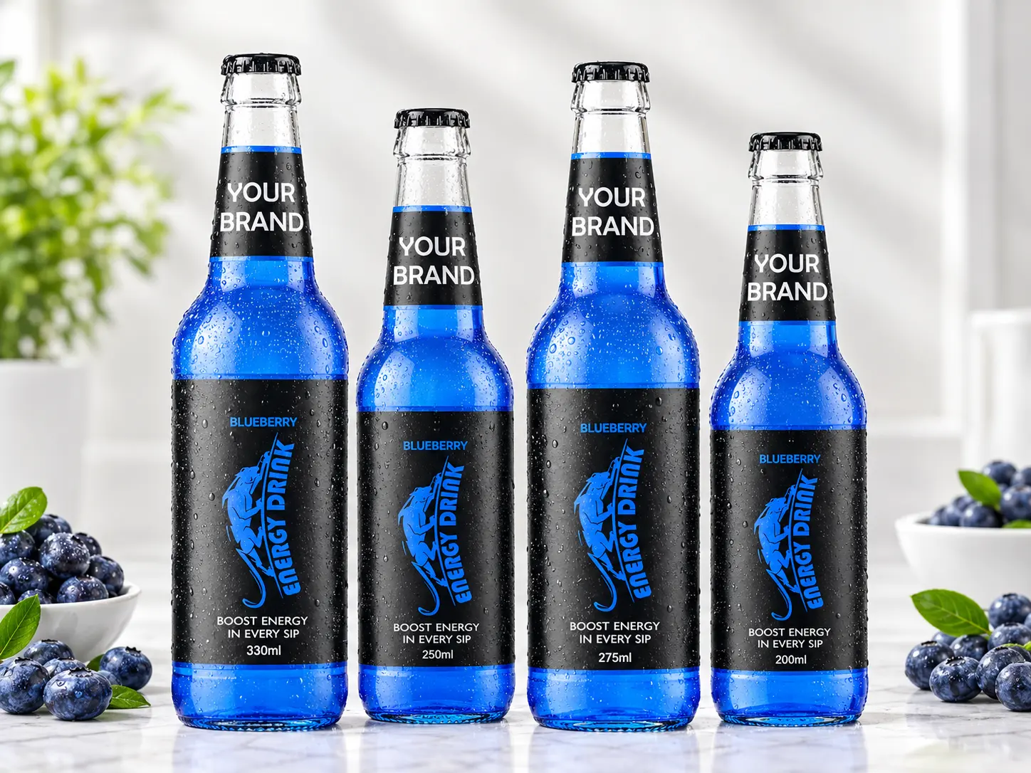 ENERGY DRINK Blueberry flavour in 330ml, 250ml, 275ml and 200ml glass bottles.